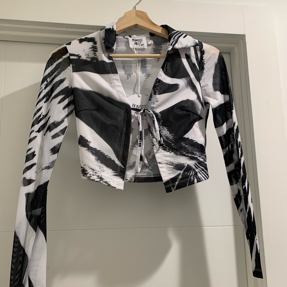 Princess polly black and white tie up blouse